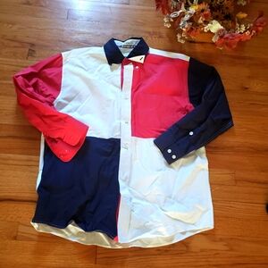 Vtg Orvis Shirt Large Colorblock Long Sleeve Button Up 90s Y2K Red White Blue